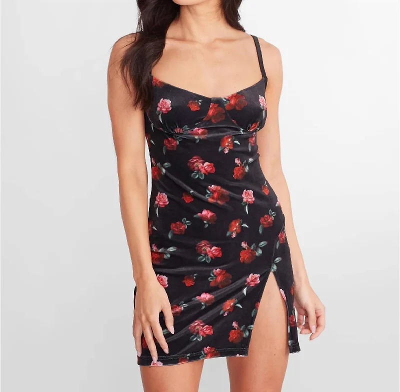 Short Chemise Dress In Velvet Roses