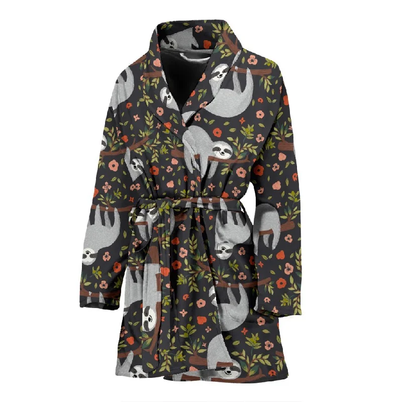 Floral Sloth Pattern Print Women Long Robe