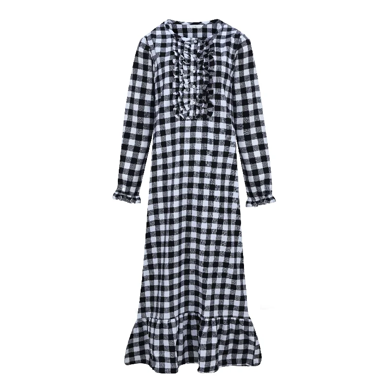 Women's Premium Flannel Long Gown - Gingham Black-White