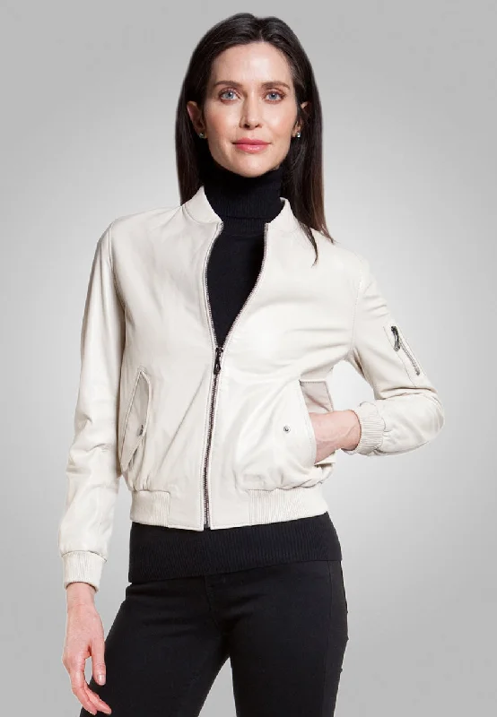 Women’s White Leather Bomber Jacket