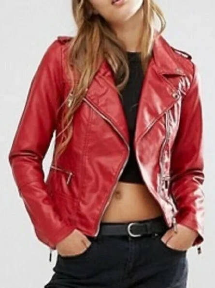 Women's Red Slim Fit Motorcycle Leather Jacket