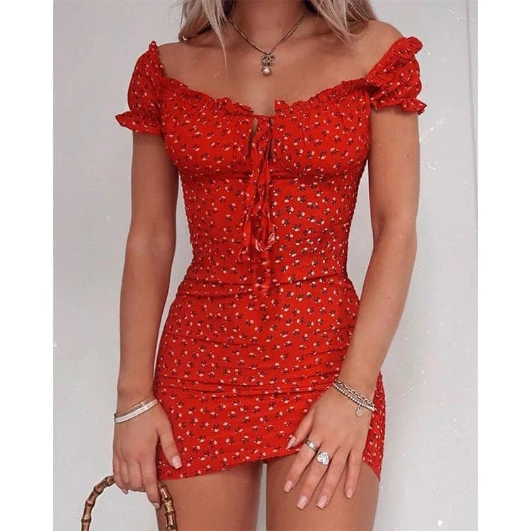 Floral Wrap Off Shoulder Tie Up Front Ruffle Slash Neck Dress