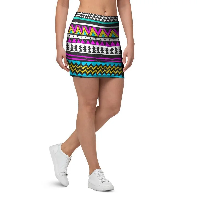 Colorful Indian Aztec Doodle Triangles Mini Skirt