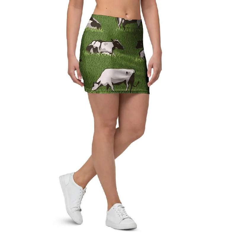 Cow In Grass Print Mini Skirt