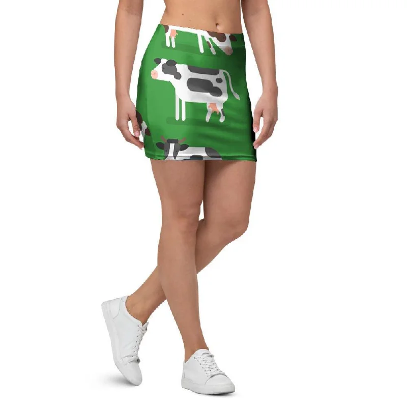 Cow In Green Grass Print Mini Skirt