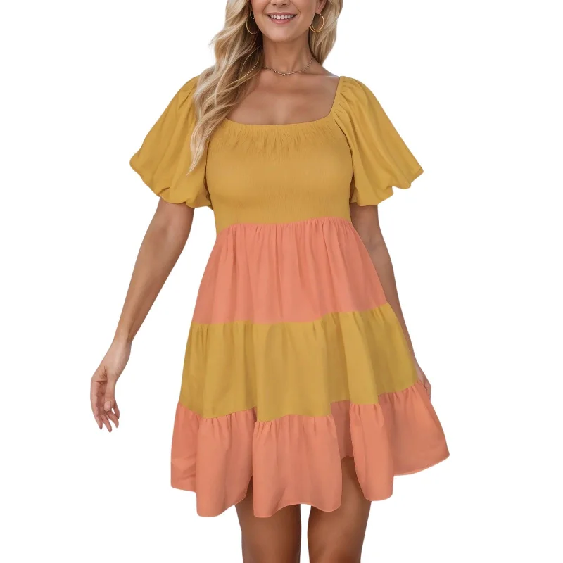 Jana Two Tone Tiered Square Neck Mini Swing Dress