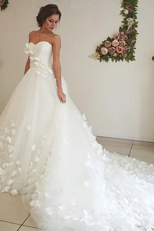 Adorable Sweetheart Tulle A Line Court Train Off White Wedding Dress with Flower DMB07