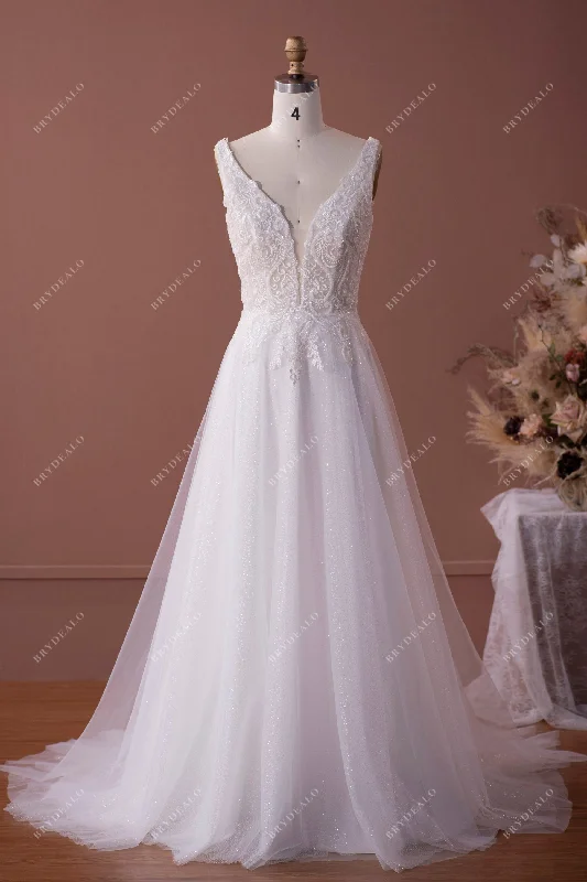 Beaded Lace Plunging Shimmery A-line Fall Wedding Dress