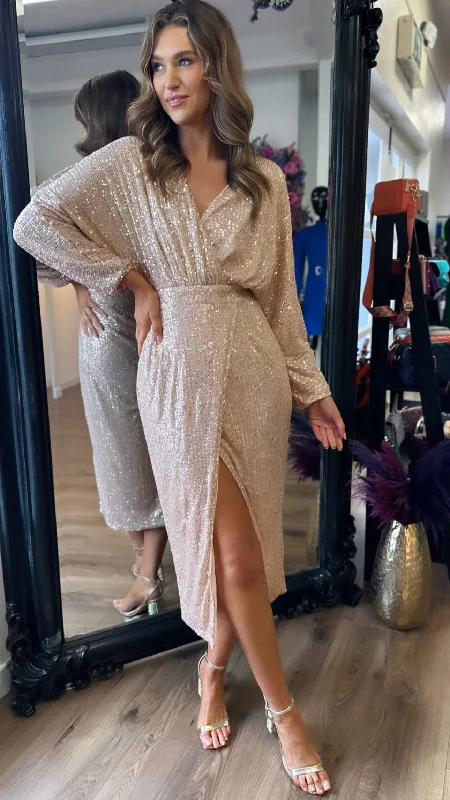 Katarina Gold Sequin Long Sleeve Sequin Midi Dress