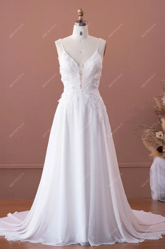 Plunging Neck Designer Hollow Train 3D Flower Lace Boho Wedding Dress