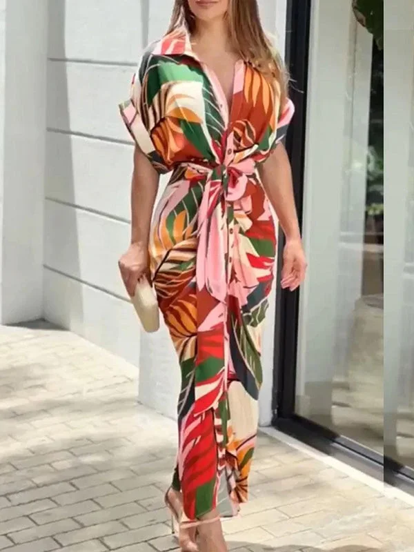 High Waisted Short Sleeves Buttoned Printed Tied Waist Lapel Maxi Dresses Shirt Dress Hot new arrivals in maxi dresses