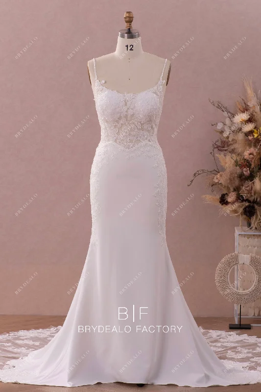 Beaded Straps Crepe Mermaid Illusion Lace Cutout Train Wedding Dress