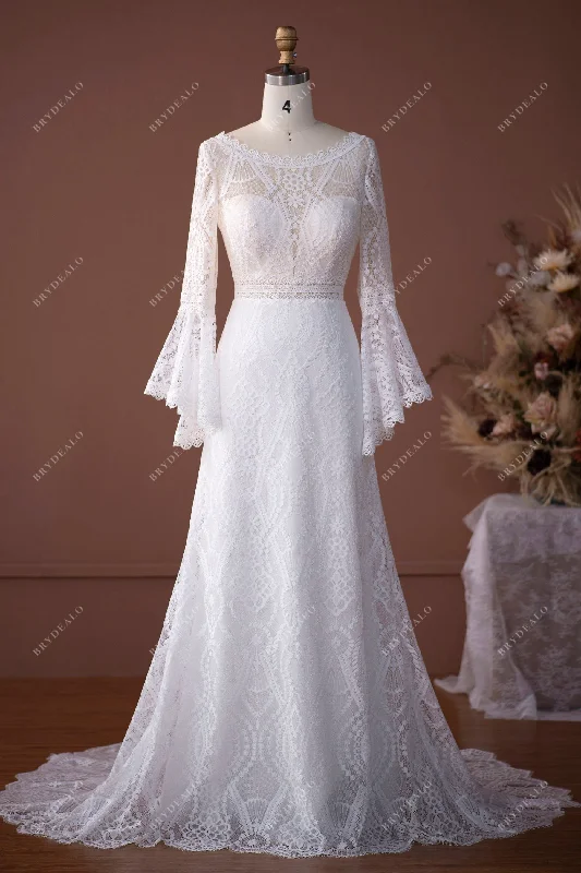 Boho Lace Bell Sleeves Scalloped Mermaid Summer Bridal Dress