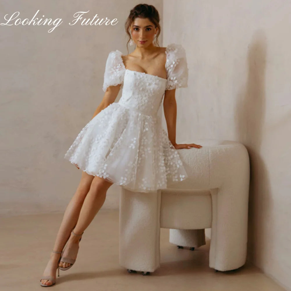 Wedding Dresses Lace Up Puffy Puff Sleeves Square Neck Bridal Party Gowns