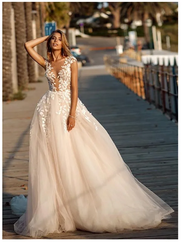 Cinessd Back to school Lorie Boho Wedding Dress 2022 Lace Appliques Beach Bride Dresses Illusion Back Puff Tulle Wedding Gowns Backless Floor Length