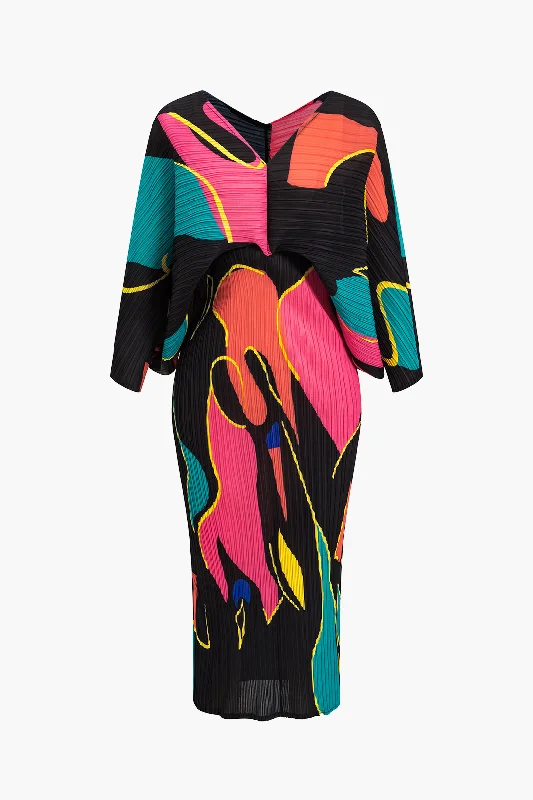 Color Block Print Pleated V-Neck Batwing Sleeves Maxi Dress Lightweight maxi dresses for hot weather