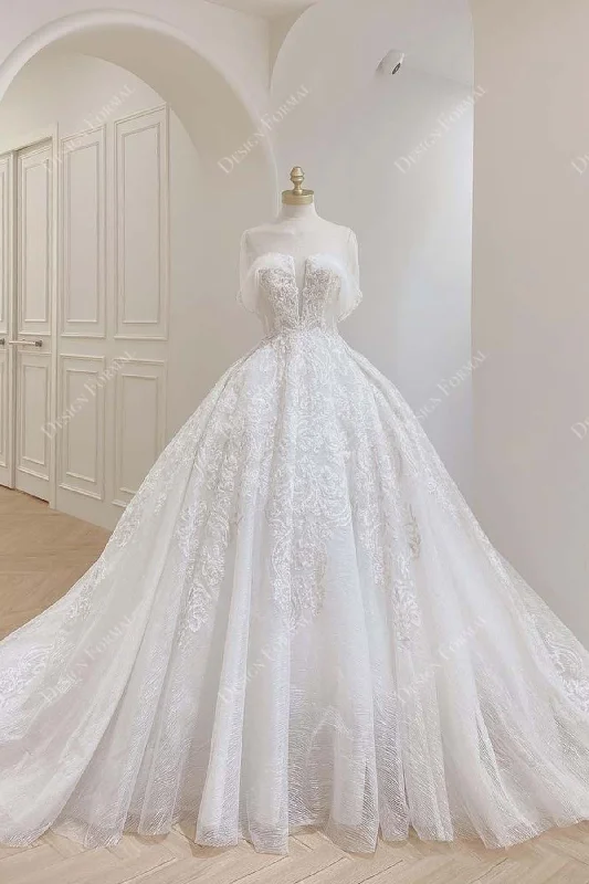 Off-shoulder V-neck Beaded Lace Design Ball Gown Wedding Dress