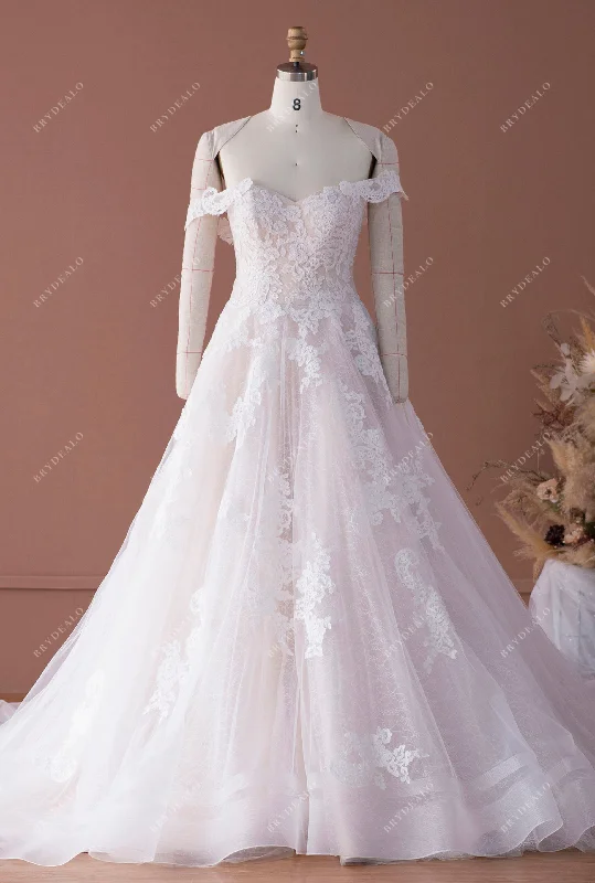 Off Shoulder Sweetheart Lace Horsehair Ballgown Nude Wedding Dress