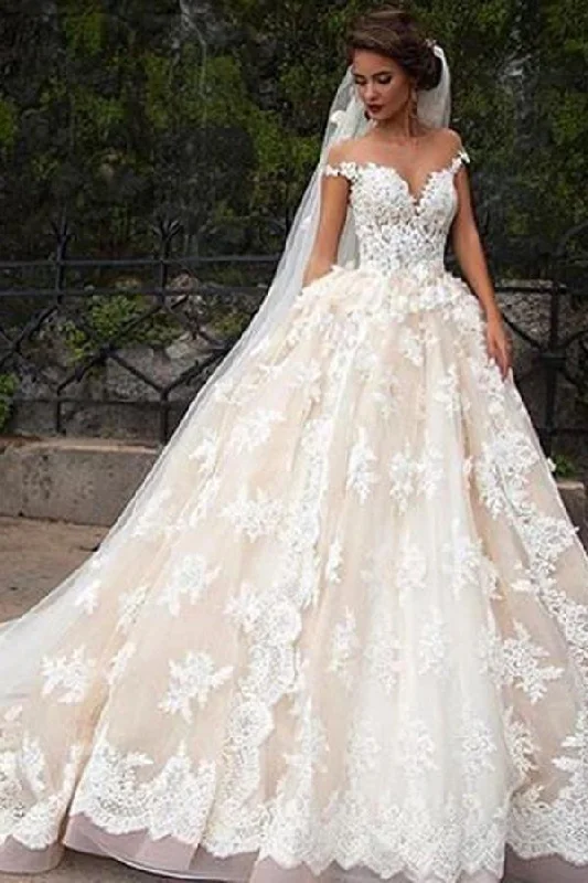 Romantic Jewel Cap Sleeves Ball Gown Wedding Dress with Lace Top DMB09