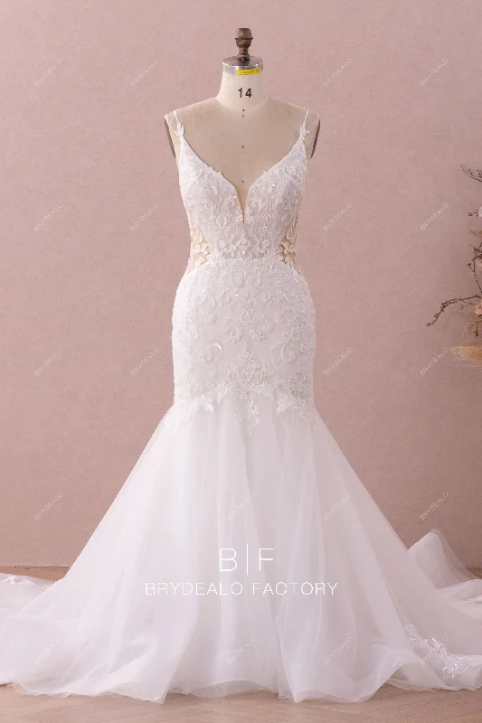 Shimmery Plunging Designer Open Back Lace Trumpet Wedding Dress