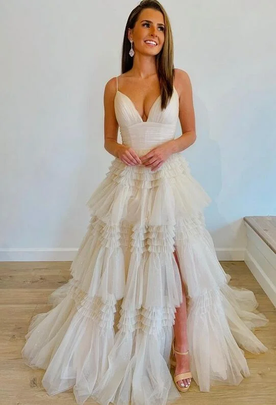 Sexy Sparkly Prom Dress Slit Skirt Deep V Neckline Wedding Dress