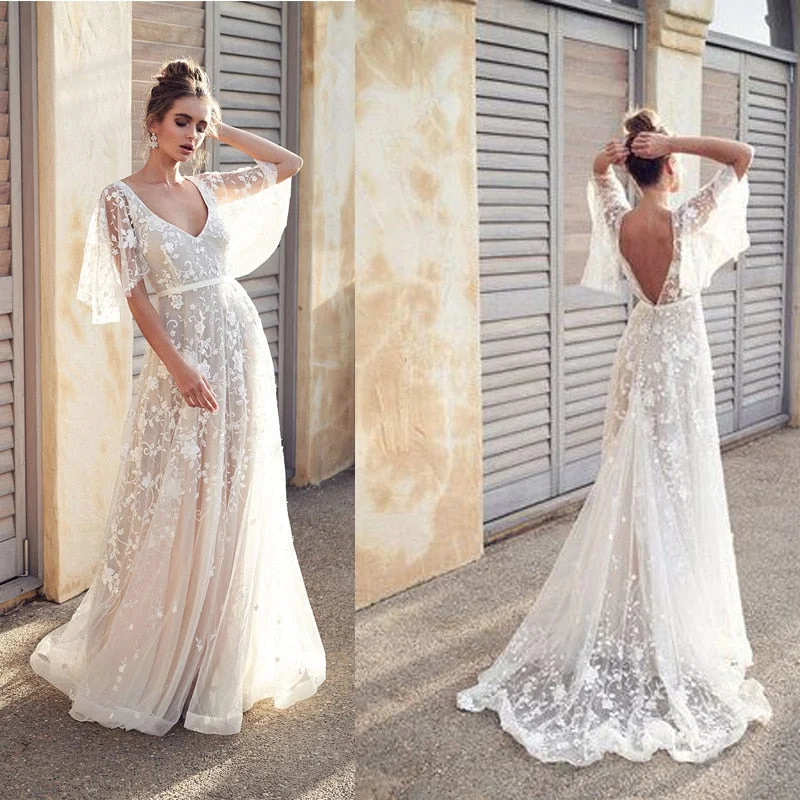 Women Sexy Deep V Neck Backless Wedding Dress