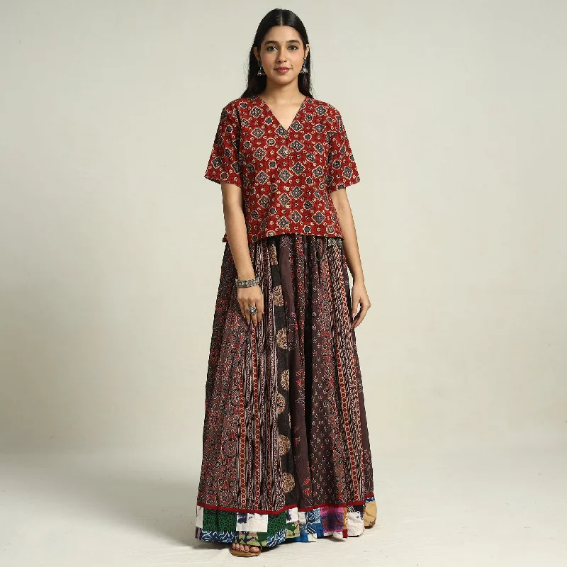 Brown - Ajrakh Block Printed 24 Kali Patchwork Cotton Long Skirt 21