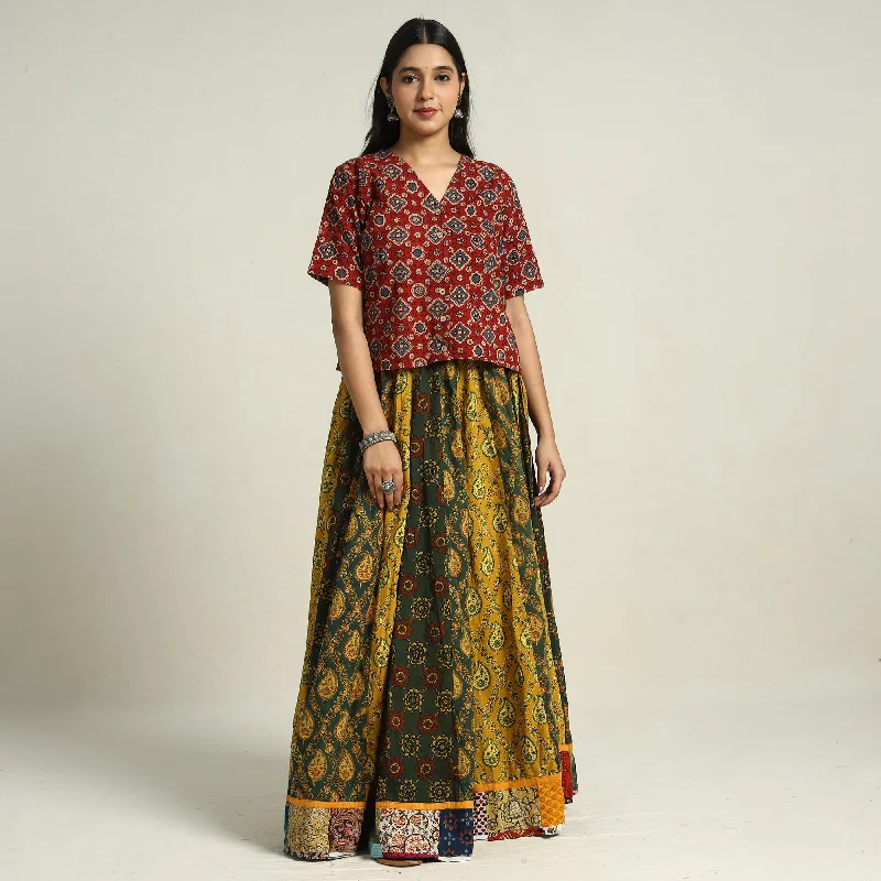 Multicolor - Ajrakh Block Printed 24 Kali Patchwork Cotton Long Skirt 28