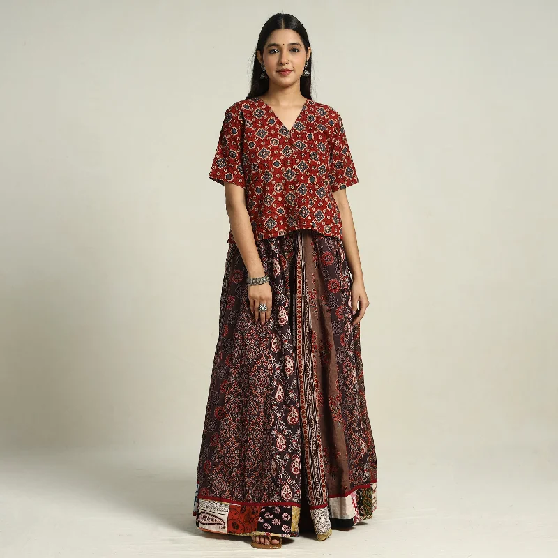 Multicolor - Ajrakh Block Printed 24 Kali Patchwork Cotton Long Skirt 31