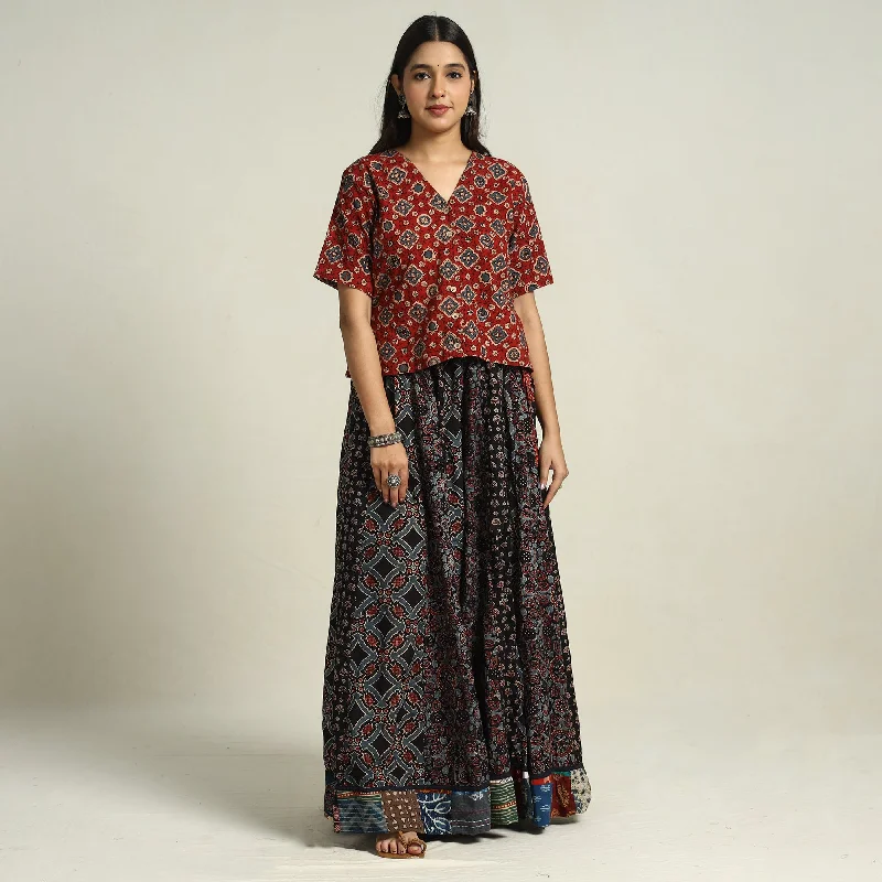 Black - Ajrakh Block Printed 24 Kali Patchwork Cotton Long Skirt 33