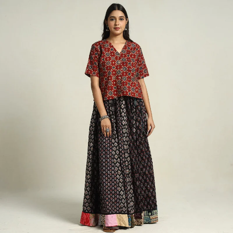 Black - Ajrakh Block Printed 24 Kali Patchwork Cotton Long Skirt 41