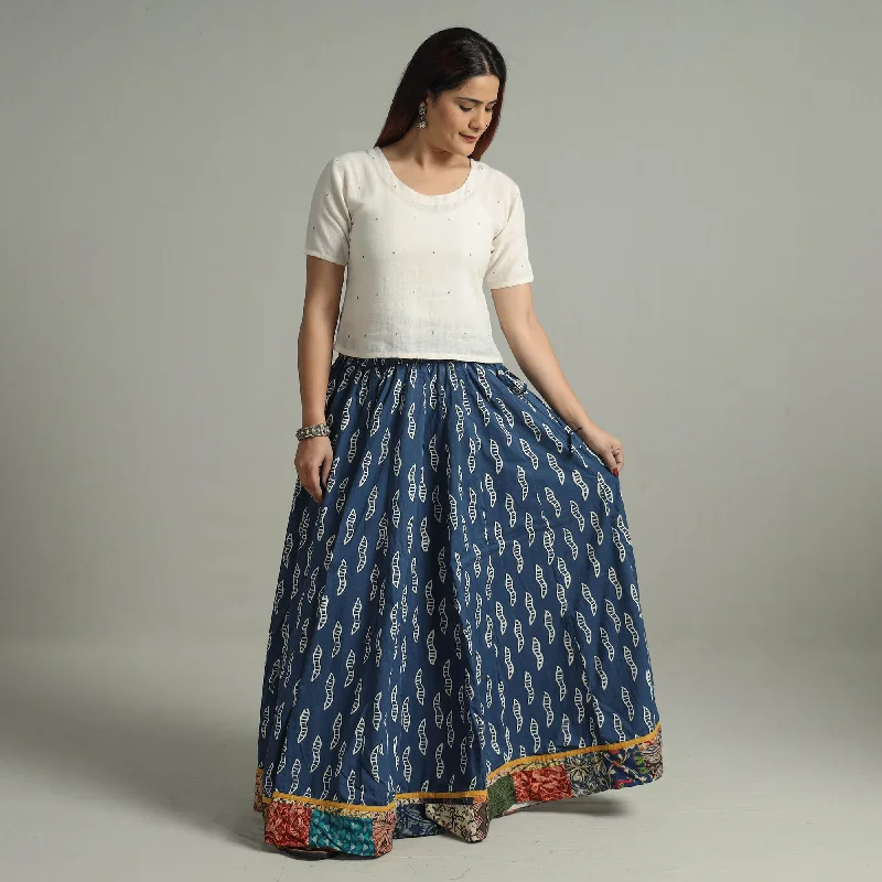 Blue - Indigo Block Printed 24 Kali Patchwork Cotton Long Skirt 11