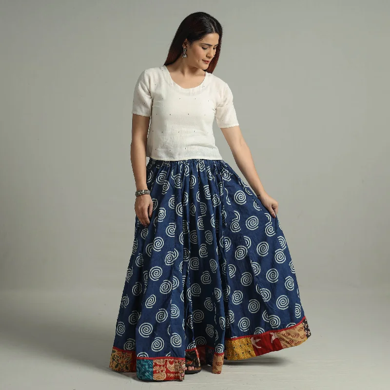 Blue - Indigo Block Printed 24 Kali Patchwork Cotton Long Skirt 12