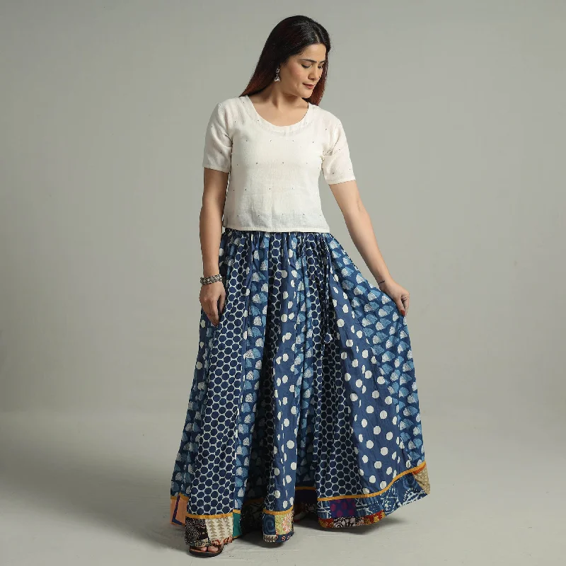 Blue - Indigo Block Printed 24 Kali Patchwork Cotton Long Skirt 14