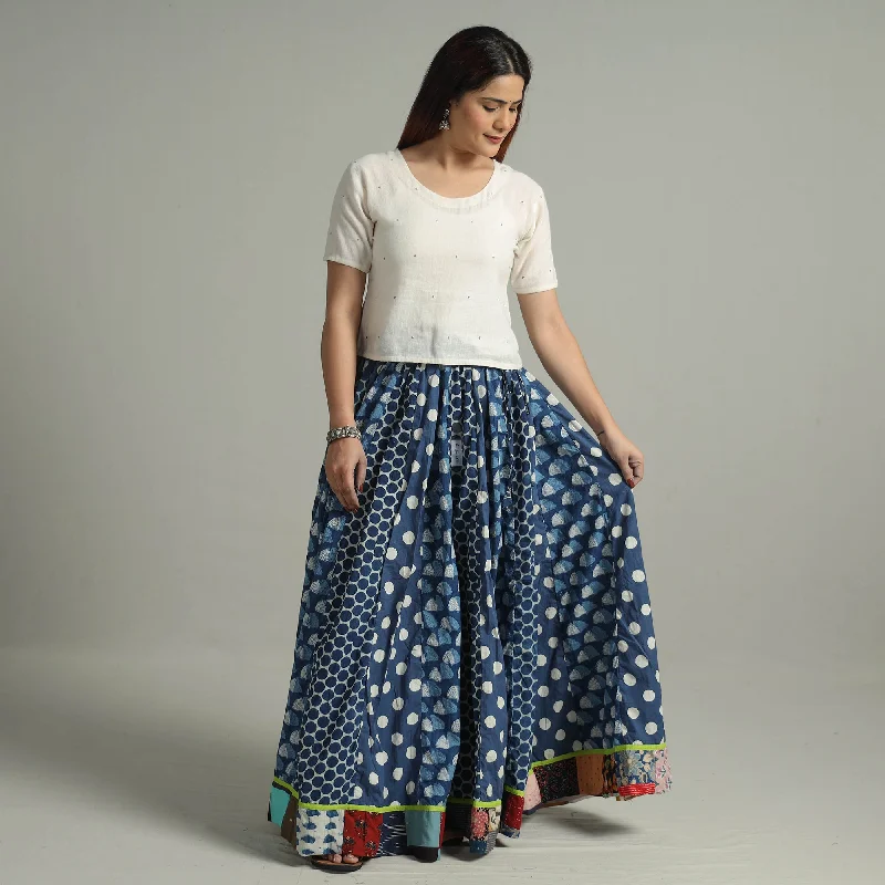 Blue - Indigo Block Printed 24 Kali Patchwork Cotton Long Skirt 15