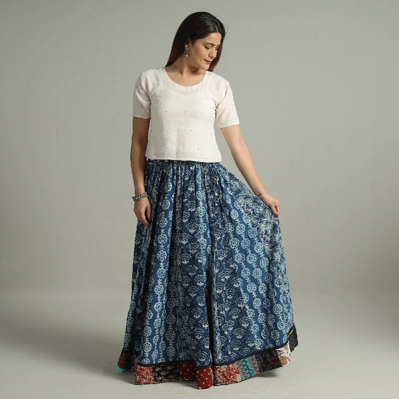 Blue - Indigo Block Printed 24 Kali Patchwork Cotton Long Skirt 02