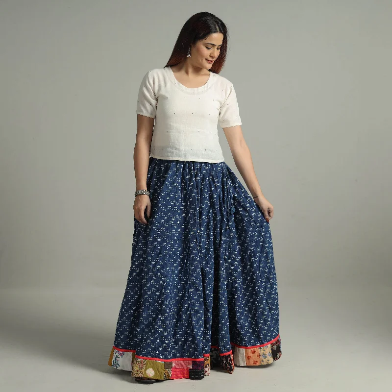 Blue - Indigo Block Printed 24 Kali Patchwork Cotton Long Skirt 20