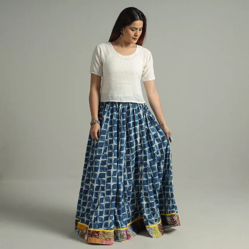 Blue - Indigo Block Printed 24 Kali Patchwork Cotton Long Skirt 21