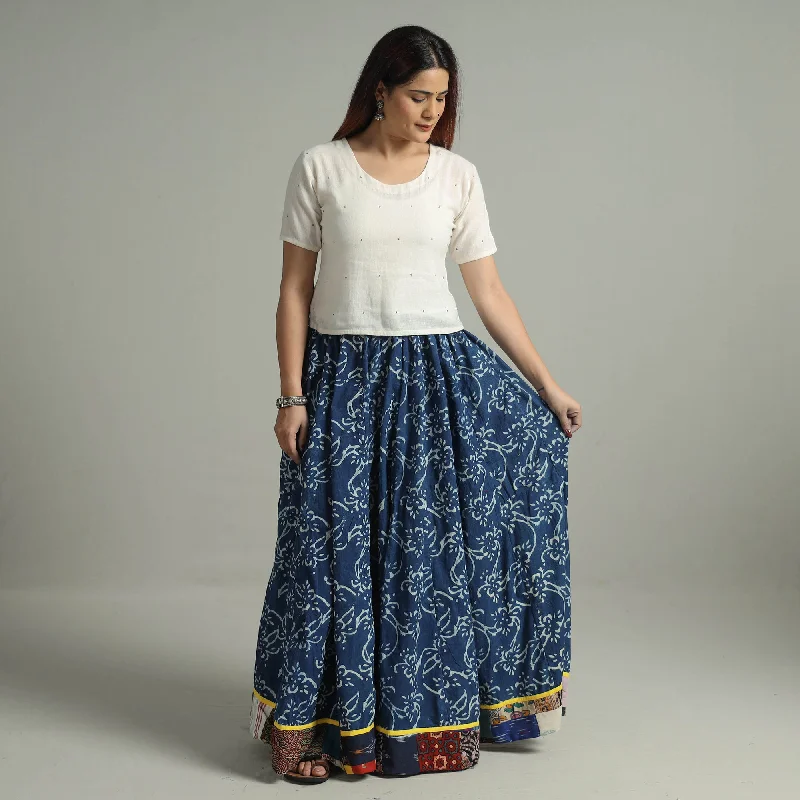 Blue - Indigo Block Printed 24 Kali Patchwork Cotton Long Skirt 23