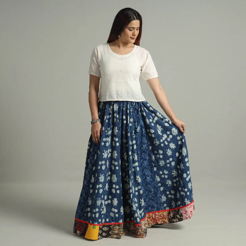 Blue - Indigo Block Printed 24 Kali Patchwork Cotton Long Skirt 05