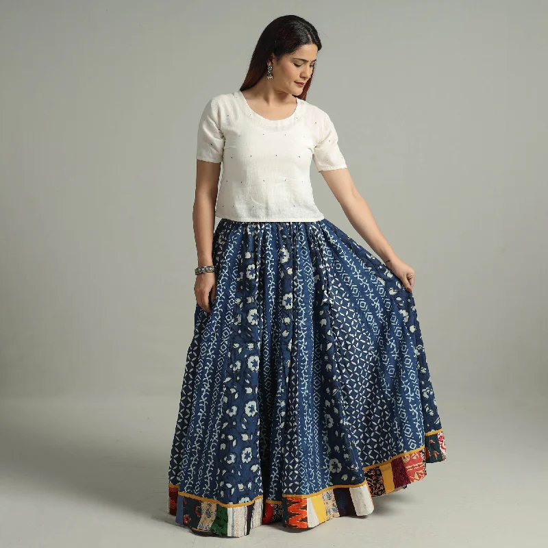 Blue - Indigo Block Printed 24 Kali Patchwork Cotton Long Skirt 06