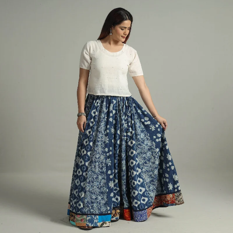 Blue - Indigo Block Printed 24 Kali Patchwork Cotton Long Skirt 08