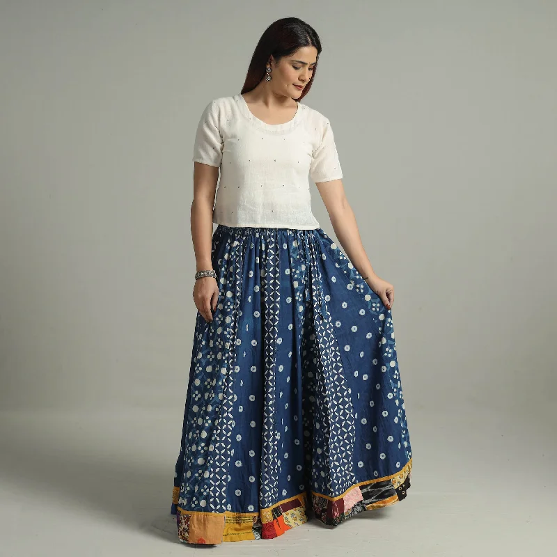 Blue - Indigo Block Printed 24 Kali Patchwork Cotton Long Skirt 09