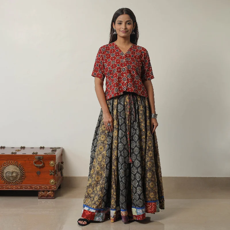 Multicolor - Ajrakh Block Printed 24 Kali Patchwork Cotton Long Skirt 01