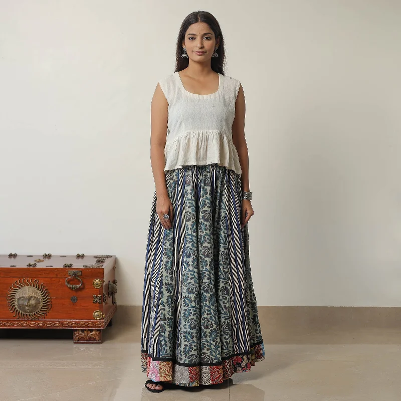 Multicolor - Bagru Block Printed 24 Kali Patchwork Cotton Long Skirt 14