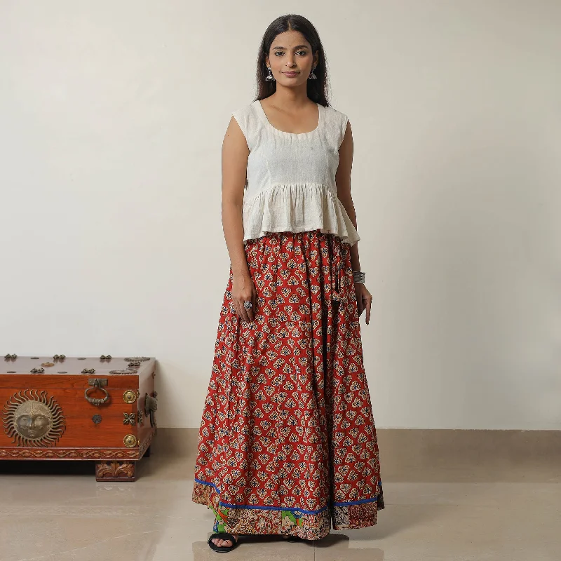 Red - Bagru Block Printed 24 Kali Patchwork Cotton Long Skirt 15