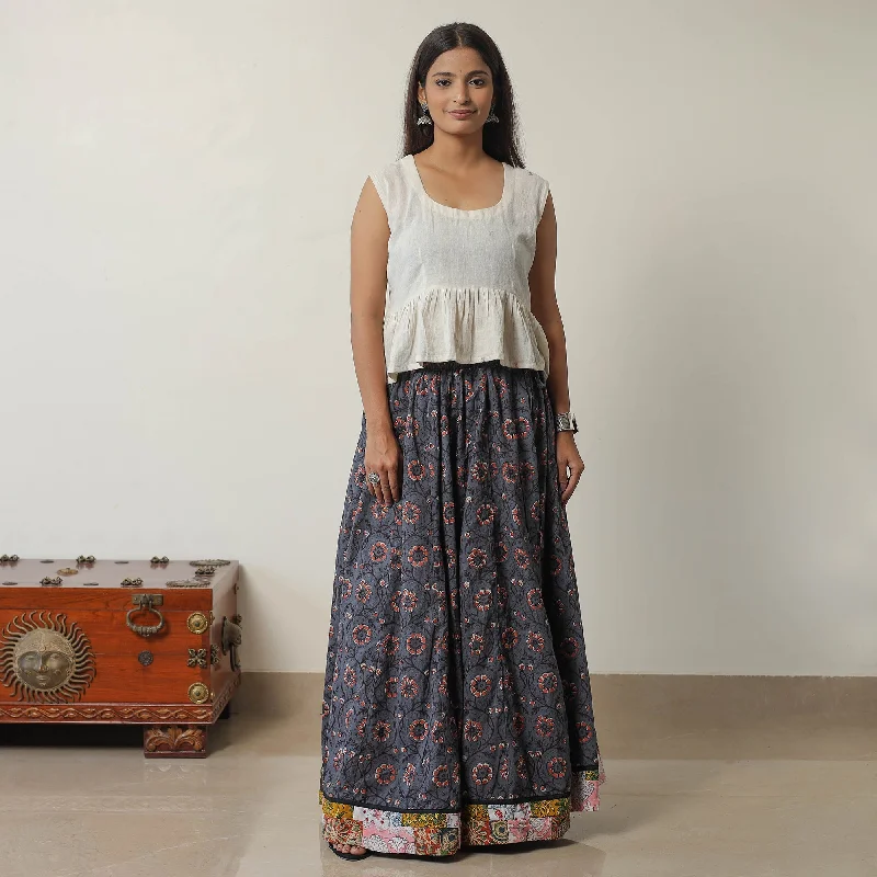 Blue - Bagru Block Printed 24 Kali Patchwork Cotton Long Skirt 17