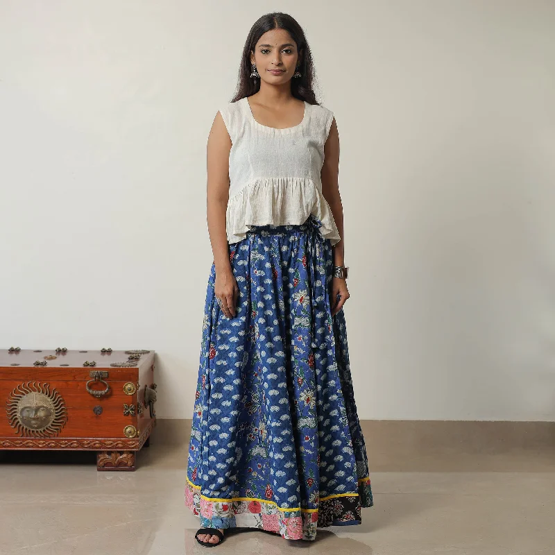 Blue - Bagru Block Printed 24 Kali Patchwork Cotton Long Skirt 18