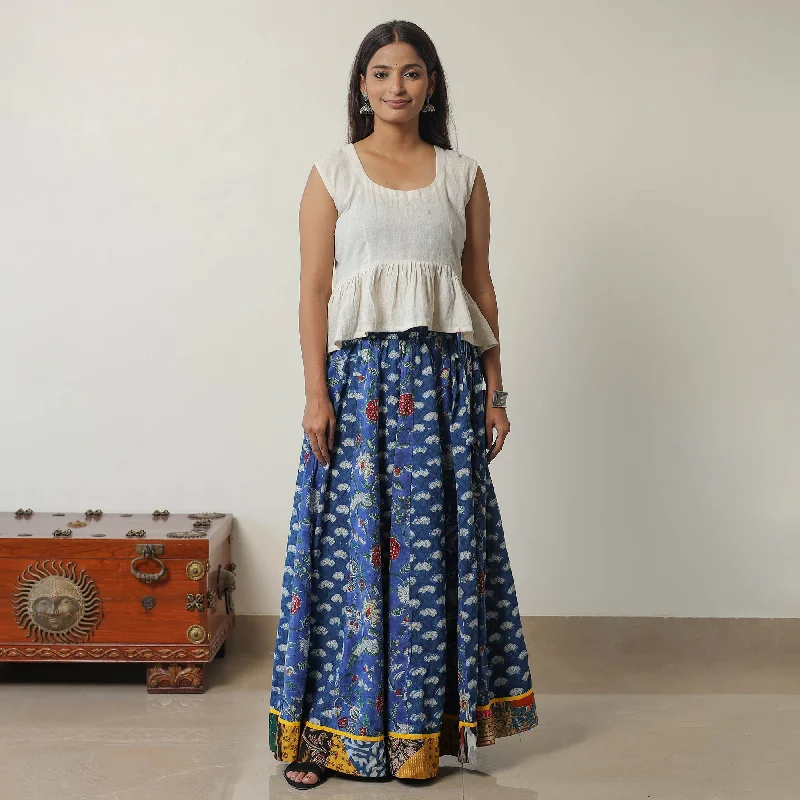 Blue - Bagru Block Printed 24 Kali Patchwork Cotton Long Skirt 19