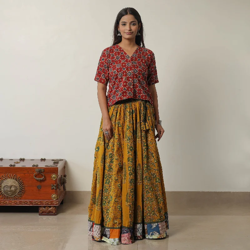 Yellow - Ajrakh Block Printed 24 Kali Patchwork Cotton Long Skirt 04